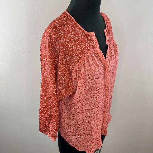 JOIE Javeth Cinnamon Silk Blouse Pink Orange Leaf Print V-Neck 3/4 Sleeve Top S - Picture 3 of 7